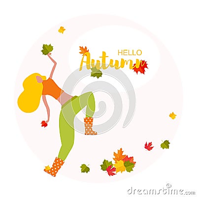 Hello Autumn poster. Dancing young woman with autumn leaf Vector Illustration