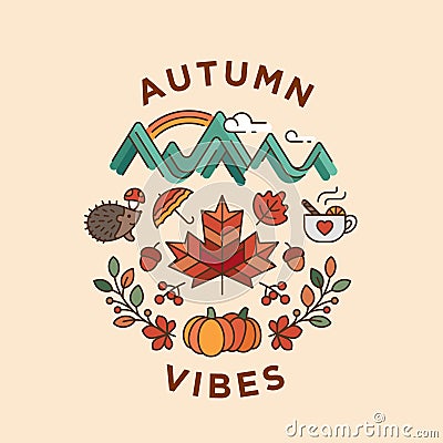 hello autumn poster round vintage filled outline celebrate september vibes Vector Illustration