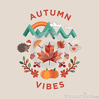 hello autumn poster round vintage flat design celebrate september vibes Vector Illustration