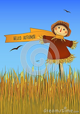 Hello Autumn poster. Smiling scarecrow on field. Vector image Vector Illustration