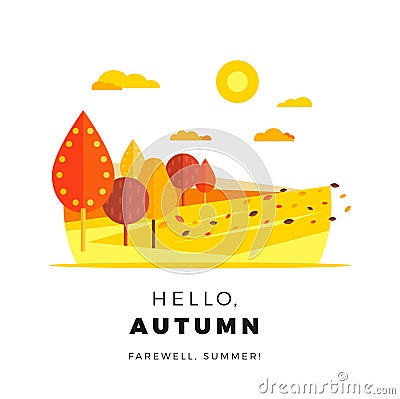 Hello autumn promotion web banner with greeting text. Promo fall Vector Illustration