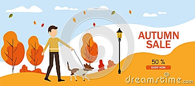 Hello autumn, sale banner, autumn park, man walking the dog in the autumn park Vector Illustration