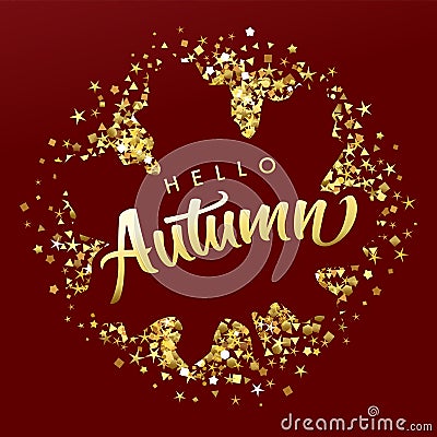 Hello Autumn golden dust dark leaf square Vector Illustration