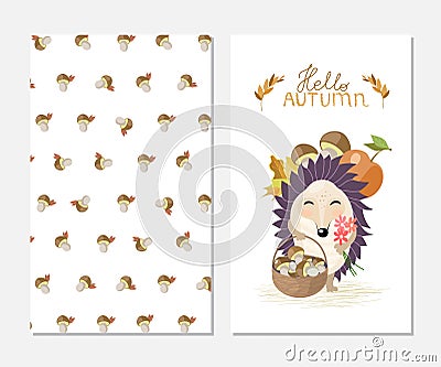 Hello autumn. Stylish inspiration card in cute style with cartoon hedgehog and mashrooms background. Vector Illustration