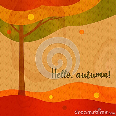 Hello autumn text. Abstract color wave and tree. Wood texture fo Stock Photo