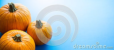 Hello autumn; thanksgiving holiday party background with autumn pumpkin on blue background Stock Photo