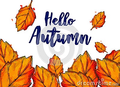 Hello Autumn Typographic Paint Watercolor Fall Leaves Vector Illustration