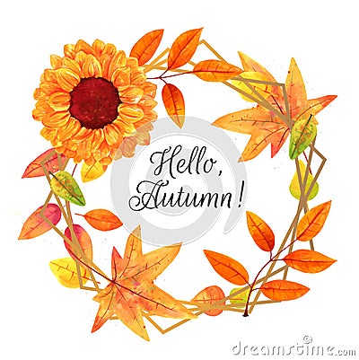 Hello, Autumn watercolor autumn wreath with fall leaves and a sunflower Stock Photo