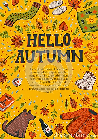 Hello autumn yellow greeting card. Banner template with autumn essentials and space for text. Autumn greeting card with Vector Illustration