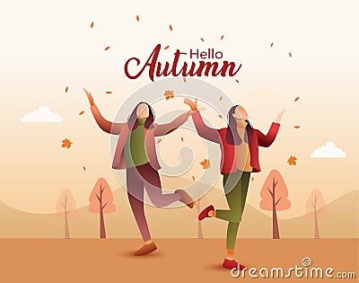 Hello Autumn. young girls enjoying in the park in autumn. Cartoon abstract vector illustration design Vector Illustration