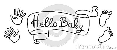 Hello baby ribbon imprint foot hand banner newborn birthday template frame card invitation party Vector Illustration