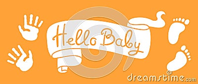 Hello baby ribbon simple stamp imprint foot hand newborn birthday template card invitation party Vector Illustration