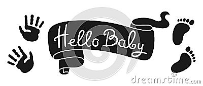 Hello baby ribbon stamp press imprint foot hand newborn birthday template card invitation party Vector Illustration