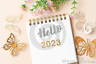 The Hello 2023 calendar desk for the organizer to plan and paper butterfly with flower on yellow background Stock Photo