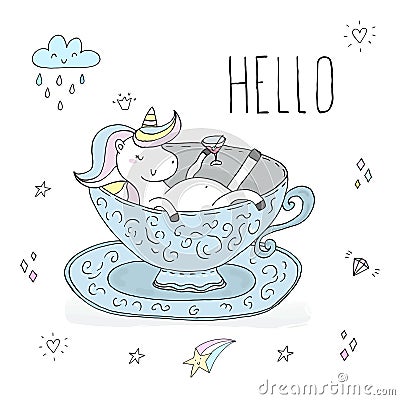 Hello card. Cute Unicorn takes a bath in a porcelain cup. Printable templates Stock Photo
