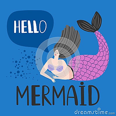 Hello card with happy mermaid vector template Vector Illustration