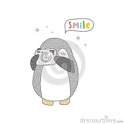 Hello card with penguins and camera. Printable templates. vector print Vector Illustration