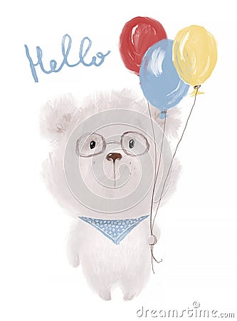 Hello. Cute little white bear with glasses with colorful balloons, cute child character. Oil painting or pastel Cartoon Illustration