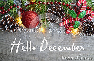 Hello December.Christmas decoration on old wooden background.Winter holidays concept. Stock Photo