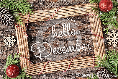 HELLO DECEMBER lettering design. Winter holiday composition. Stock Photo