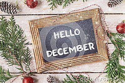 HELLO DECEMBER lettering design. Winter holiday composition Stock Photo