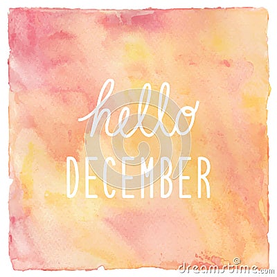 Hello December text on red and yellow watercolor background Stock Photo