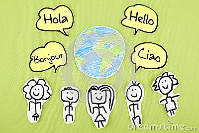Hello in Different International Global Foreign Languages Bonjour Ciao Hola Stock Photo