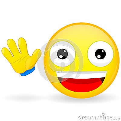 Hello emoticon. Emoticon waves his hand. Joyful emoticon. Pleased emoji. Happy emotion. Vector illustration smile icon. Vector Illustration