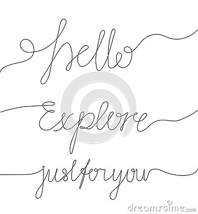 Hello, explore, just for you text in continuous line style. One continuous line word invitation, Stock Photo