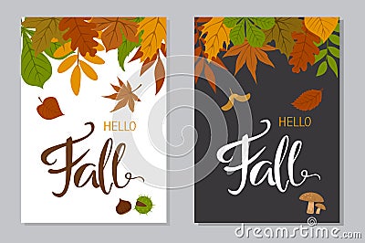 Hello fall autumn posters in a4 format with forest colorful leaves border Vector Illustration
