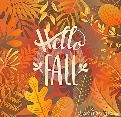 Hello fall greeting banner on jungle background. Vector Illustration