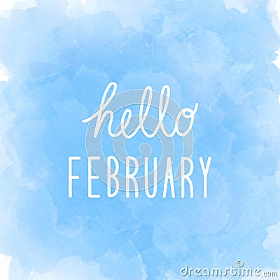 Hello February greeting on abstract blue watercolor background Stock Photo