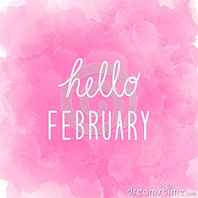 Hello February greeting on abstract pink watercolor background Stock Photo