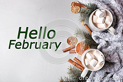Hello February greeting card. Flat lay composition with aromatic hot winter cocoa on light table Stock Photo