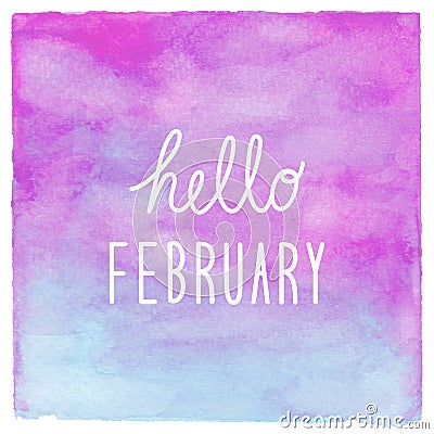 Hello February text on blue and purple watercolor background Stock Photo