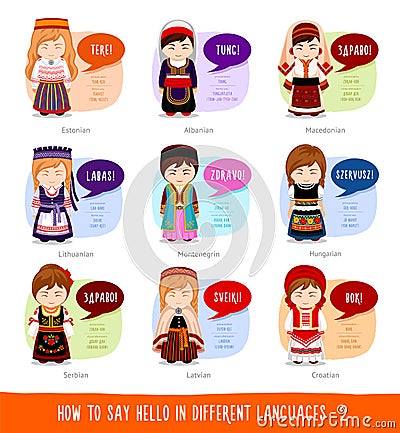 Girls saying hello in foreign languages. Vector Illustration