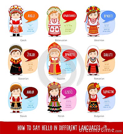 Girls saying hello in foreign languages. Vector Illustration