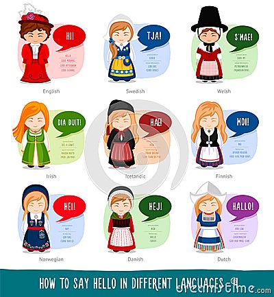 Girls saying hello in foreign languages. Vector Illustration