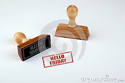 Hello Friday. Rubber Stamper with Wooden handle Isolated on White Background Stock Photo