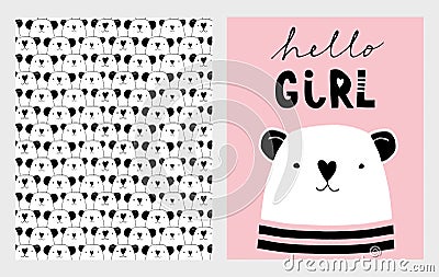 Hello Girl. Cute Hand Drawn Baby Shower Vector Illustrations Set. Pink, White and Black Infantile Design. Vector Illustration