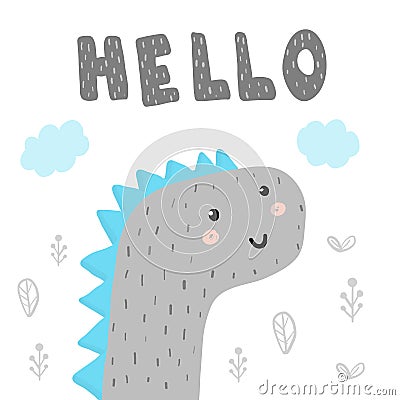 Hello hand drawn print with cute fantastic animal Vector Illustration