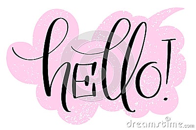 Hello hand written word on drawn textured speech bubble. Positive quote, lettering poster, typography vector Vector Illustration