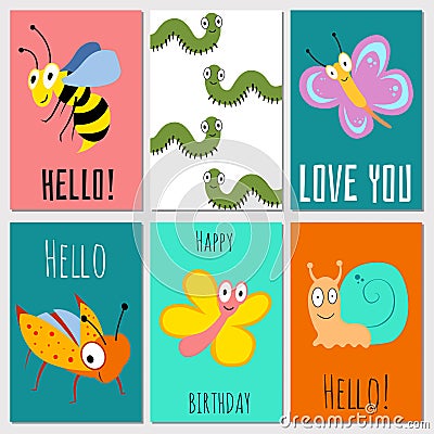 Hello, happy birthday, love you cards with insects Vector Illustration