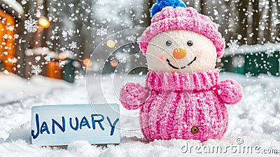 Hello, January Cute Snowman in Pink on a Snowy Background with Sparkles and a Festive Atmosphere Stock Photo