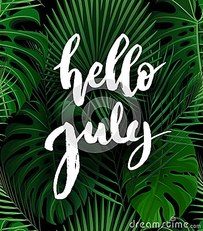 Hello July brush lettering. Vector Illustration