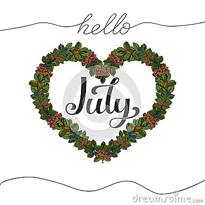 Hello July hand drawn lettering. Vector illustration Cartoon Illustration