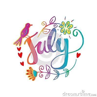 Hello July Hand Lettering Phrase. Stock Photo