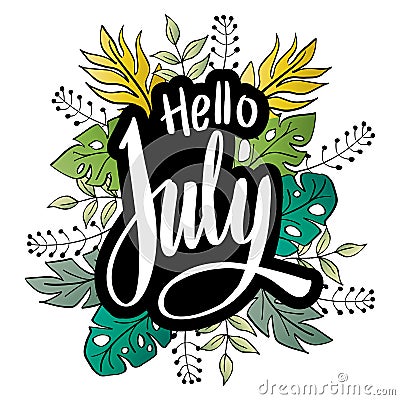 Hello July, handwritten lettering with floral decorations. Stock Photo