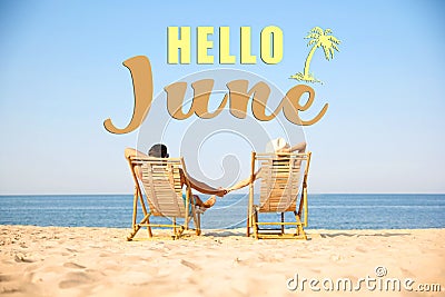 Hello June. Couple resting near sea on sunny day Stock Photo