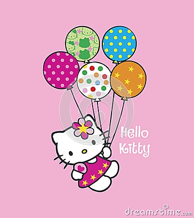 hello kitty flying with colorful balloons cartoon vector illustration editorial Vector Illustration